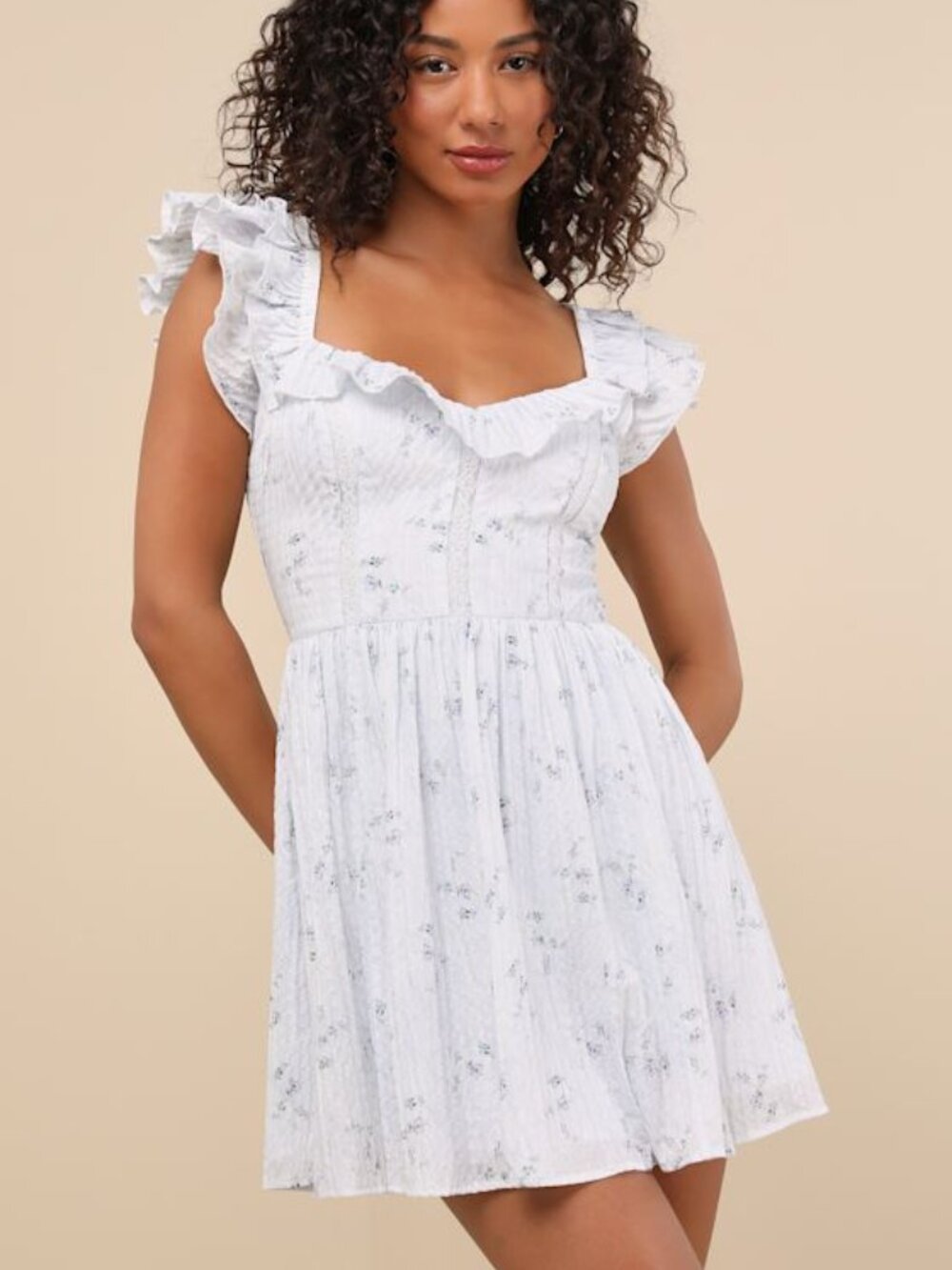 Lulus Velia Light Blue Floral Textured Flutter Sleeve Mini Dress - Size XL